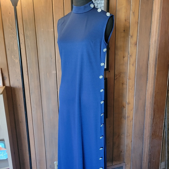 Vtg R&K Knits Ladies Navy Sleeveless HighNeck Dress With Rhinestone Buttons Sz 8 - Picture 2 of 8